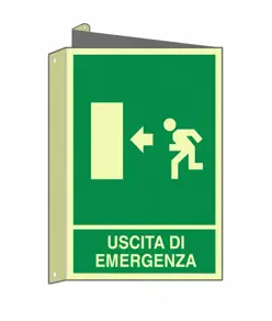 Cartello bifacciale fotoluminescente 'uscita di emergenza a sinistra'  Din Plus