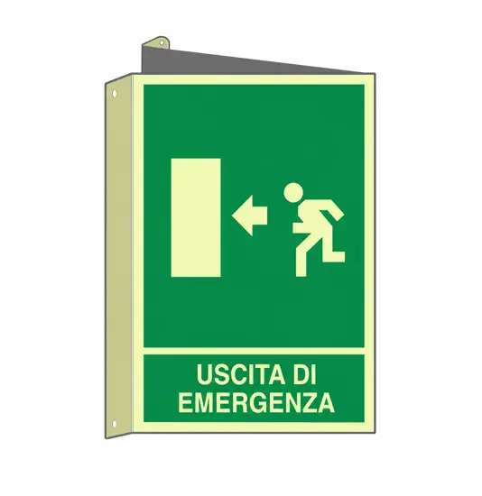 Cartello bifacciale fotoluminescente 'uscita di emergenza a sinistra'  Din Plus