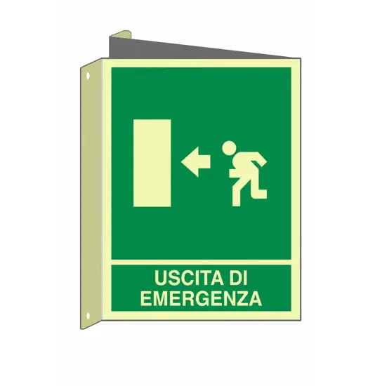 Cartello bifacciale fotoluminescente 'uscita emergenza a sinistra'  Din Plus