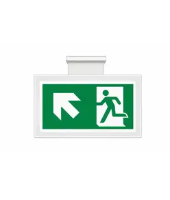 Cartello bifacciale sospesa 'uscita emergenza alto/sinistra'