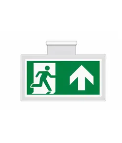 Cartello bifacciale sospesa 'uscita emergenza avanti/alto'