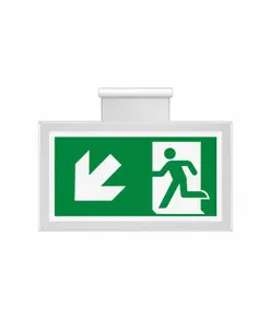 Cartello bifacciale sospesa 'uscita emergenza basso/sinistra'