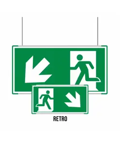 Cartello bifacciale sospeso Metal  Uscita emergenza basso laterale