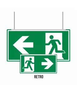 Cartello bifacciale sospeso Metal  Uscita emergenza laterale