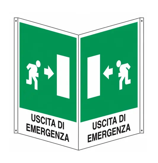 Cartello bifacciale 'uscita di emergenza a destra'