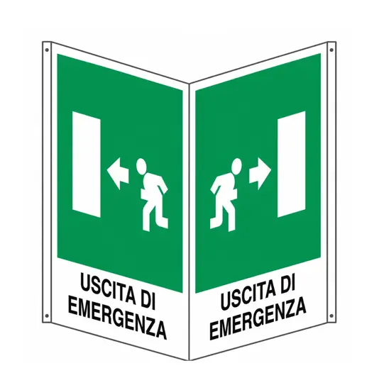 Cartello bifacciale uscita di emergenza a sinistra