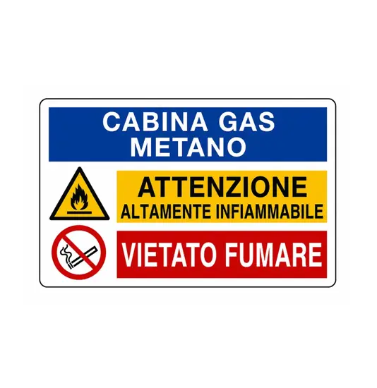 Cartello 'Cabina gas metano. Attenzione altamente