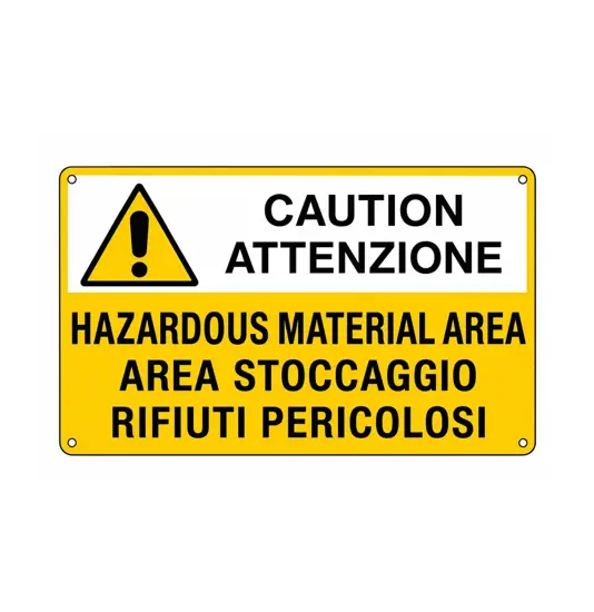Cartello 'caution attenzione hazardous material area area stoccaggio...'