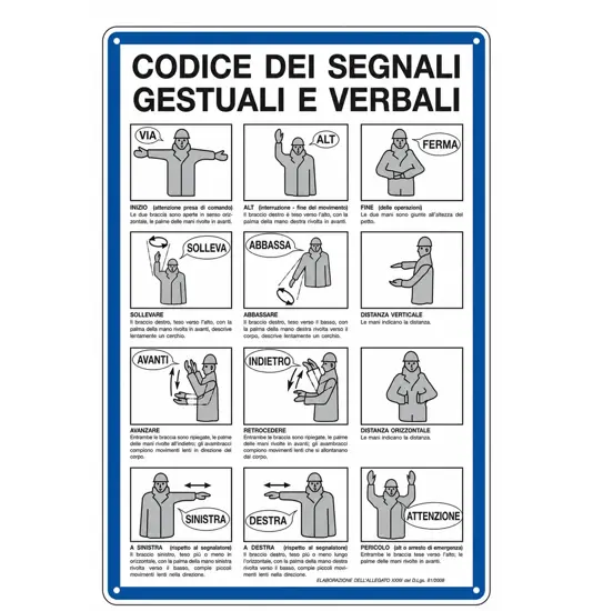 Cartello 'codice dei segnali gestuali e verbali'