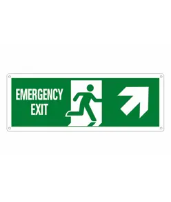 Cartello con scritta 'emergency exit avanti/destra'