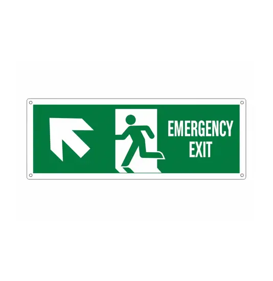 Cartello con scritta 'emergency exit avanti/sinistra'