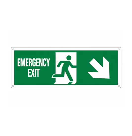 Cartello con scritta 'emergency exit indietro/destra'
