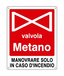 Cartello con scritta 'valvola metano' in alluminio