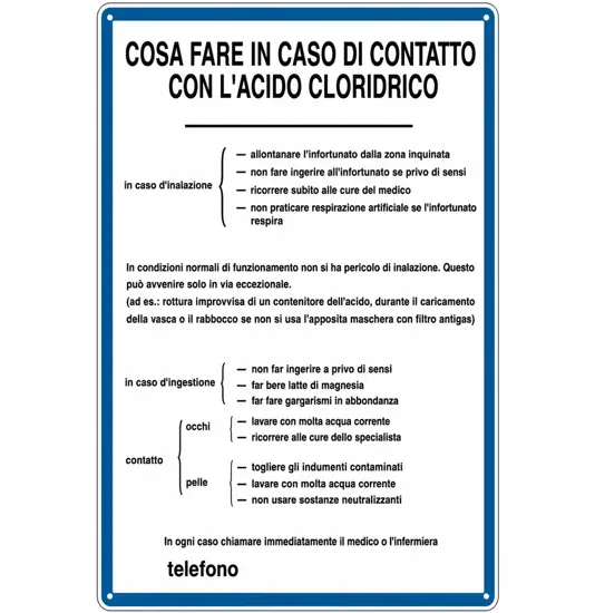 Cartello 'cosa fare in caso di contatto con l'acido cloridrico'