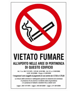 Cartello di divieto "Vietato fumare all'aperto nelle aree di pertinenza di questo edificio"
