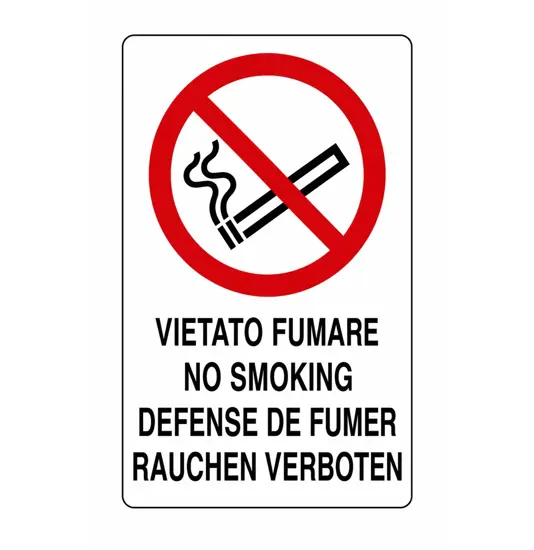 Cartello di divieto 'vietato fumare no smoking defense de fumer...'