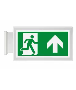 Cartello di emergenza bifacciale a bandiera 'uscita emergenza avanti/alto'