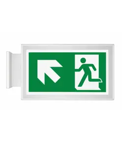 Cartello di emergenza bifacciale a bandiera 'uscita emergenza alto/sinistra