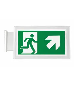 Cartello di emergenza bifacciale a bandiera 'uscita emergenza alto/destra'