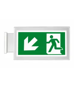 Cartello di emergenza bifacciale a bandiera 'uscita emergenza basso/sinistra'