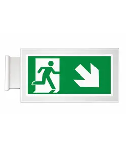 Cartello di emergenza bifacciale a bandiera 'uscita emergenza basso/destra'
