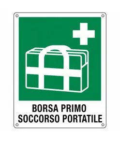 Cartello di emergenza con scritta 'borsa primo soccorso portatile'