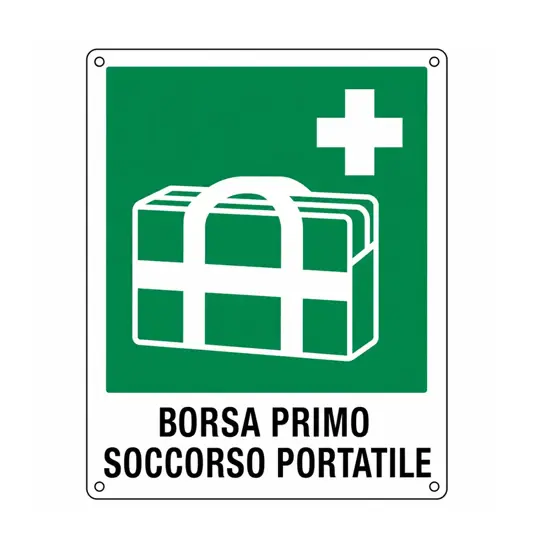 Cartello di emergenza con scritta 'borsa primo soccorso portatile'