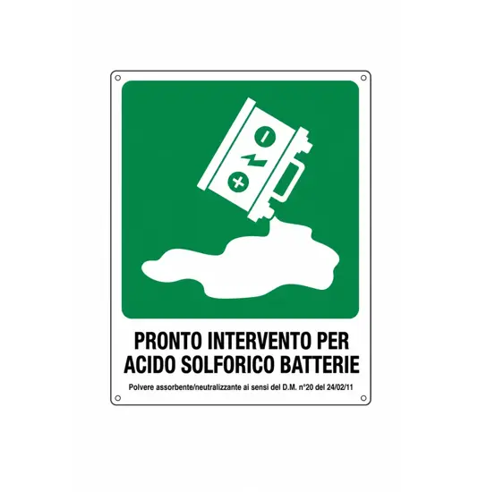 Cartello di emergenza 'pronto intervento per acido solforico batterie...'