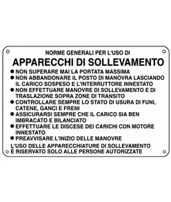 Cartello di norme e istruzioni per l'uso 'apparecchi di sollevamento'