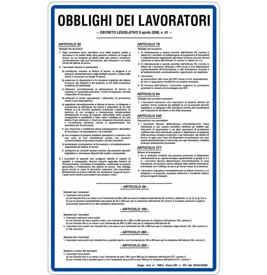Cartello di norme 'obblighi dei lavoratori'