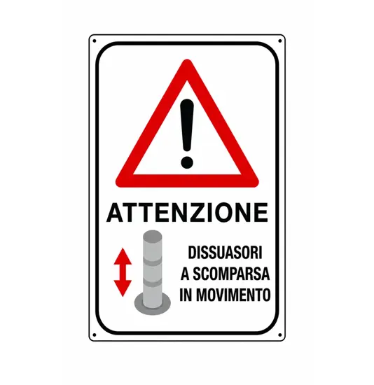 Cartello di pericolo 'attenzione dissuasori a scomparsa in movimento'