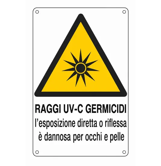 Cartello di pericolo 'raggi uv-c germicidi l'esposizione diretta o riflessa...'