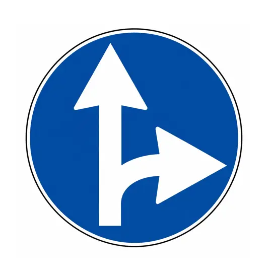 Cartello "direzione obbligatoria dritto e destra"diam. cm. 60.