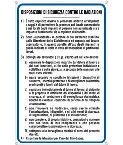 Cartello 'disposizioni di sicurezza contro le radiazioni'