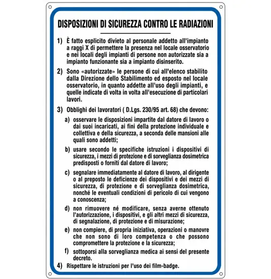 Cartello 'disposizioni di sicurezza contro le radiazioni'