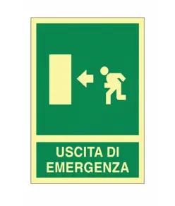 Cartello fotoluminescente in alluminio piano 250x310 mm  Uscita emergenza sinistra