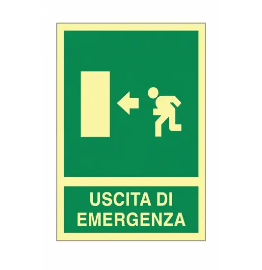 Cartello fotoluminescente in alluminio piano 250x310 mm  Uscita emergenza sinistra