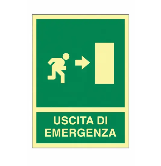 Cartello fotoluminescente in alluminio piano 250x310 mm  Uscita emergenza destra