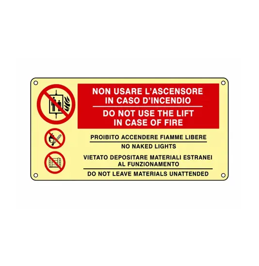 Cartello fotoluminescente 'non usare l'ascensore in caso di incendio do not use...'