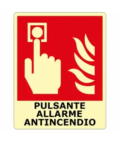 Cartello fotoluminescente simbolo e scritta 'Pulsante allarme antincendio'