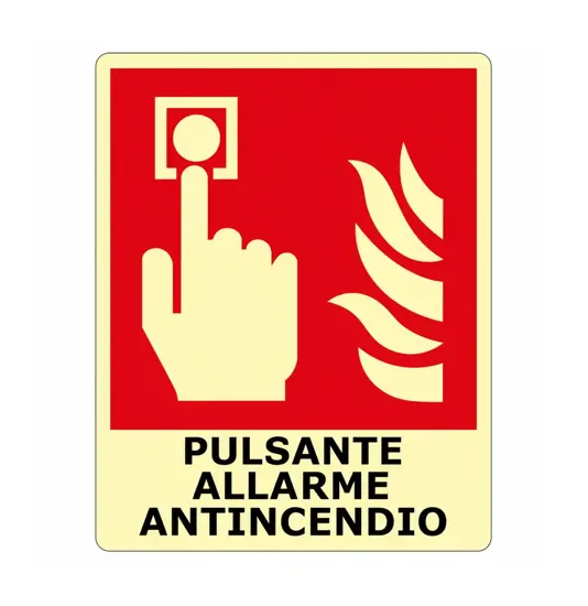 Cartello fotoluminescente simbolo e scritta 'Pulsante allarme antincendio'