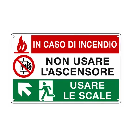 Cartello 'In caso di incendio non usare l'ascensore' con salita sinistra