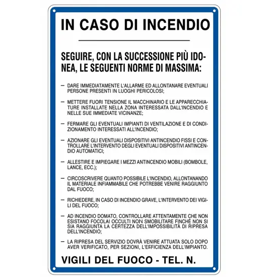 Cartello 'in caso di incendio seguire le seguenti norme di massima'