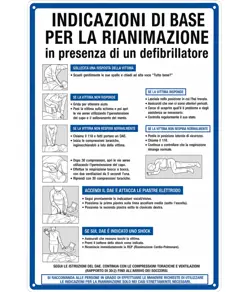 Cartello 'indicazioni di base per la rianimazione in presenza di defibrillatore'