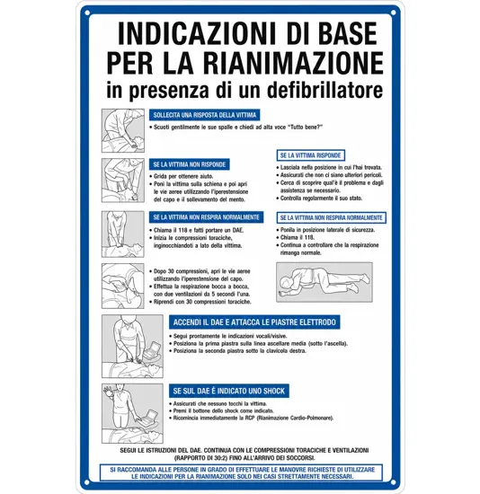 Cartello 'indicazioni di base per la rianimazione in presenza di defibrillatore'