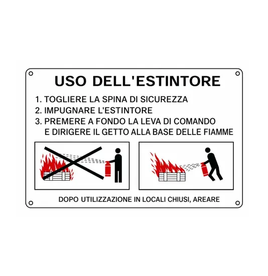 Cartello informativo con scritta 'uso dell'estintore' e istruzioni