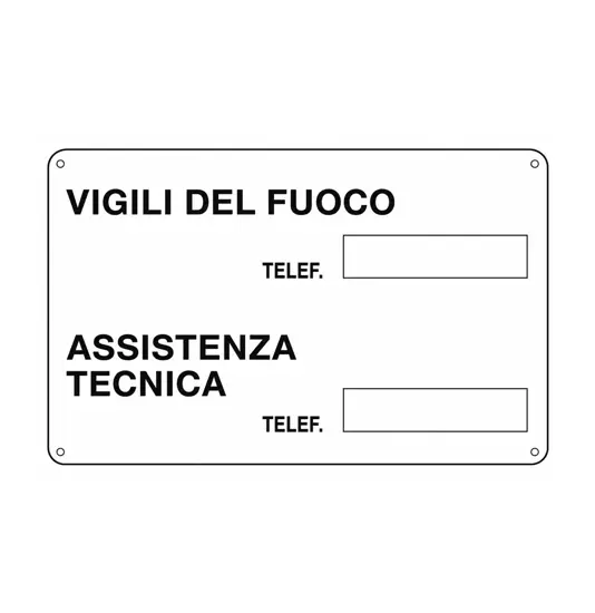 Cartello informativo 'numeri telefono vigili del fuoco e assistenza tecnica'
