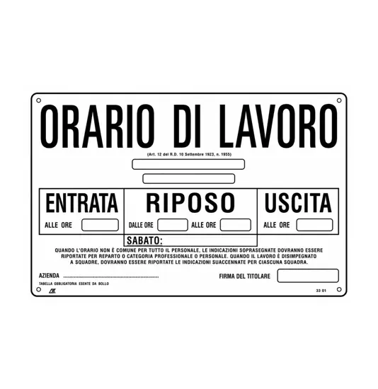 Cartello informativo 'orario di lavoro"