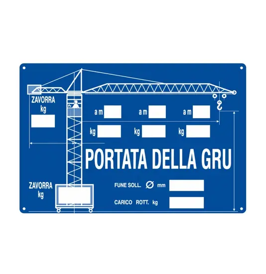 Cartello informativo 'portata della gru' con istruzioni