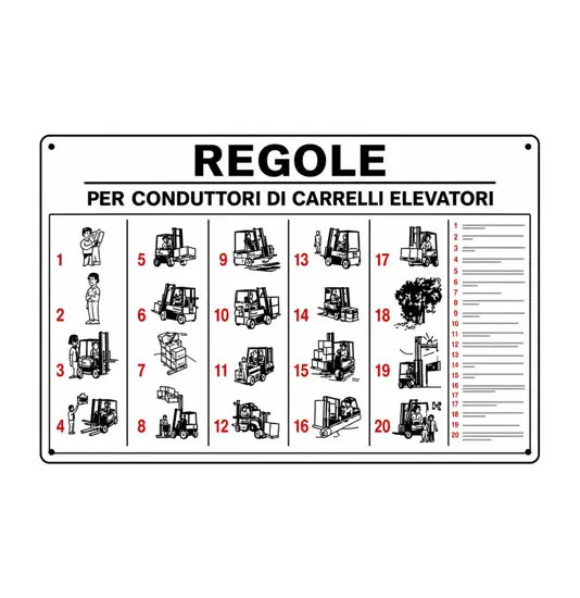 Cartello informativo 'regole per conducenti di carrelli elevatori'